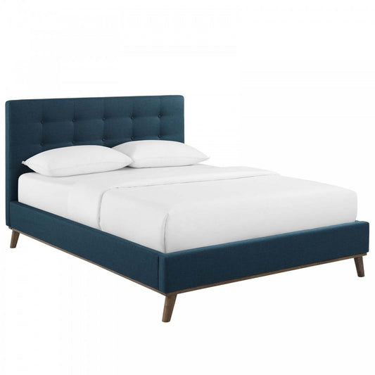 McKenzie Queen Biscuit Tufted Upholstered Fabric Platform Bed, Blue