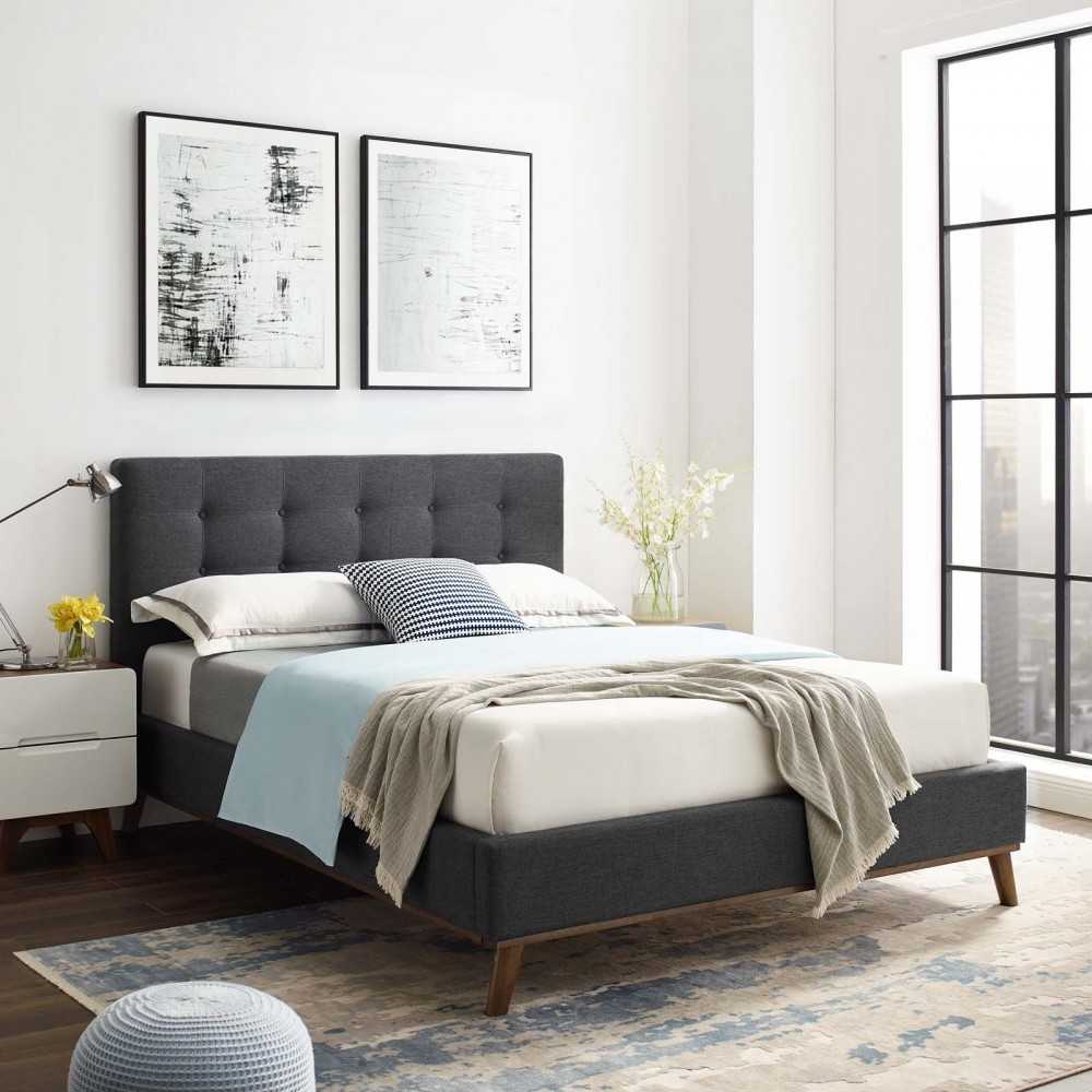 McKenzie Queen Biscuit Tufted Upholstered Fabric Platform Bed, Gray