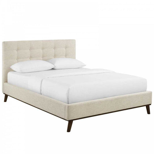 McKenzie Queen Biscuit Tufted Upholstered Fabric Platform Bed, Beige