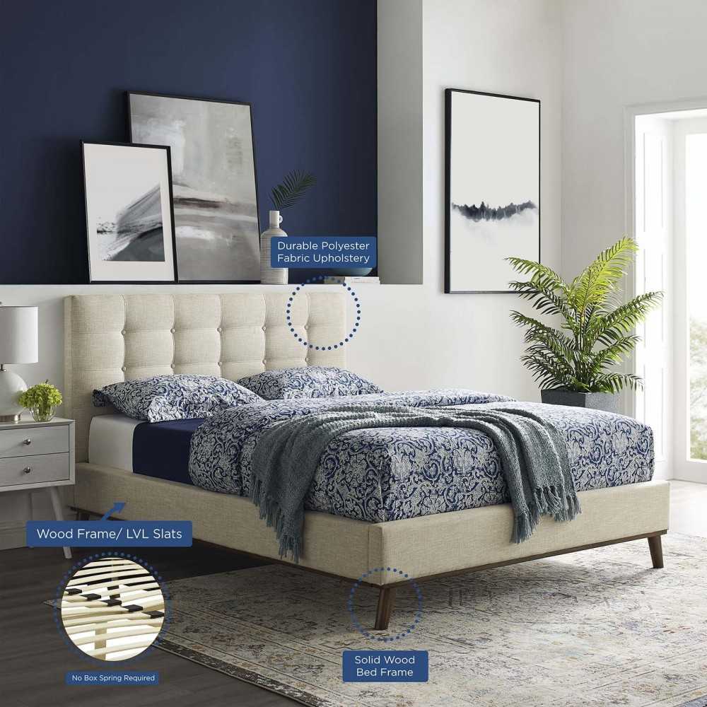 McKenzie Queen Biscuit Tufted Upholstered Fabric Platform Bed, Beige