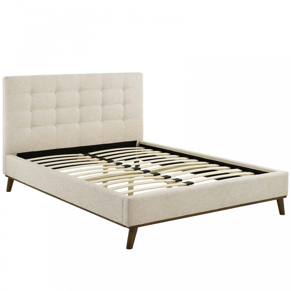 McKenzie Queen Biscuit Tufted Upholstered Fabric Platform Bed, Beige
