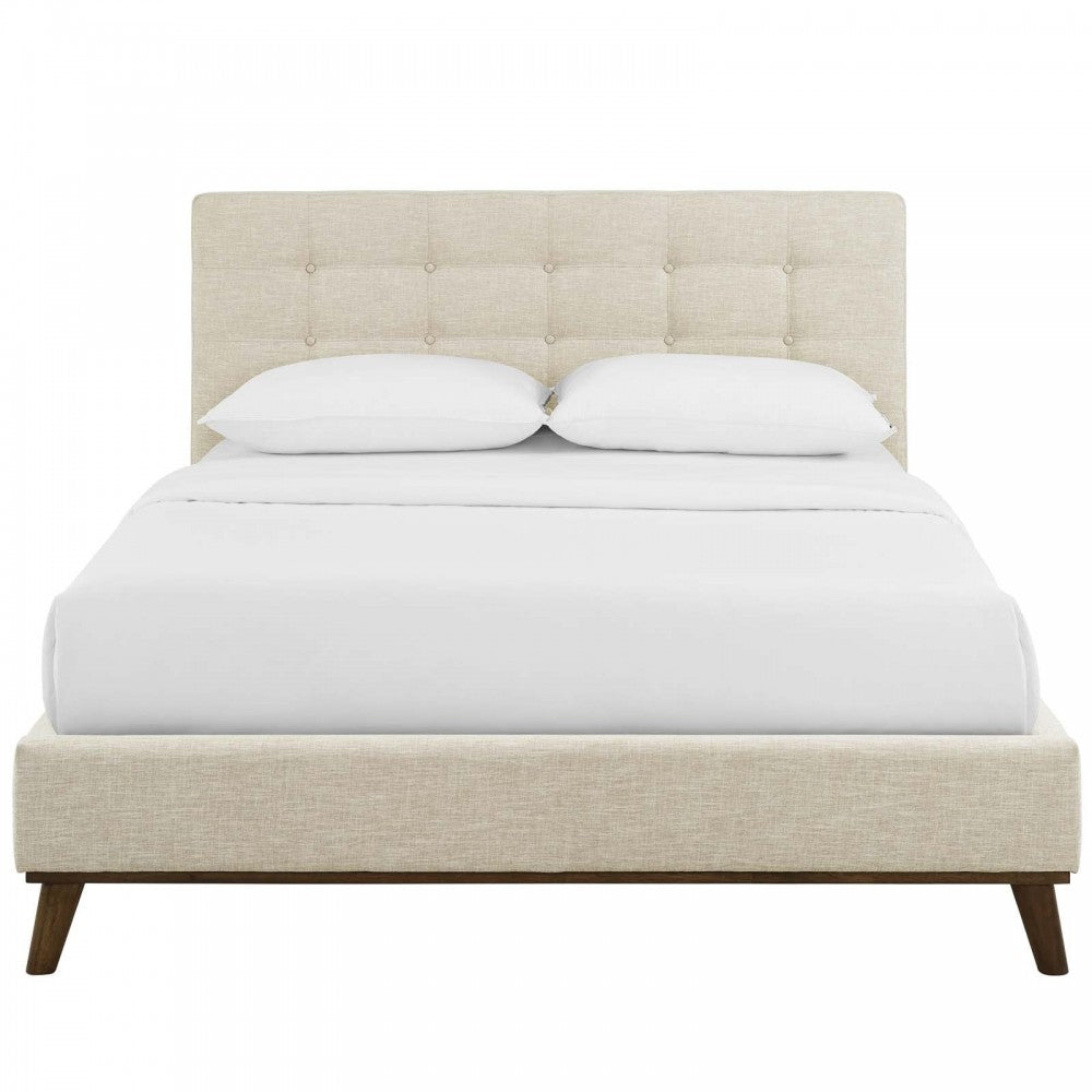 McKenzie Queen Biscuit Tufted Upholstered Fabric Platform Bed, Beige
