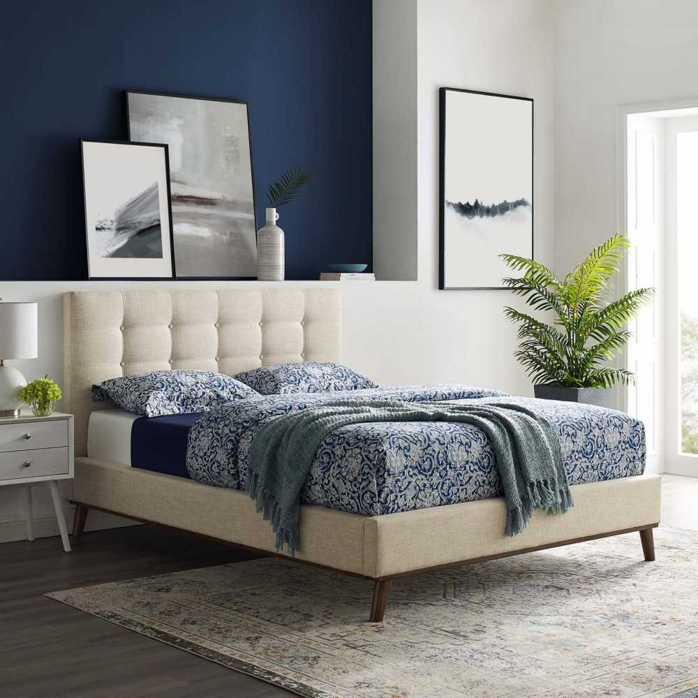 McKenzie Queen Biscuit Tufted Upholstered Fabric Platform Bed, Beige