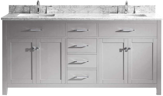 Caroline 72" Double Bath Vanity in White with White Marble Top and Square Sinks