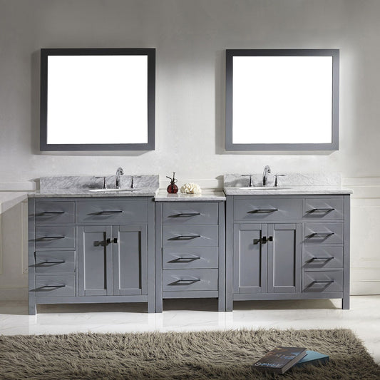 Caroline Parkway 93" Double Round Sink Marble Top Vanity in Grey with Mirrors