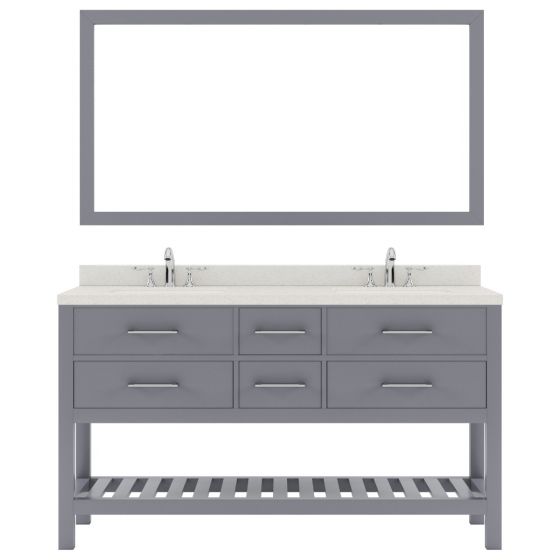 Caroline Estate 60" Double Bath Vanity in Gray with White Quartz Top and Round Sinks and Matching Mirror