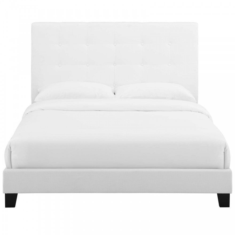 Melanie Full Tufted Button Upholstered Fabric Platform Bed, White