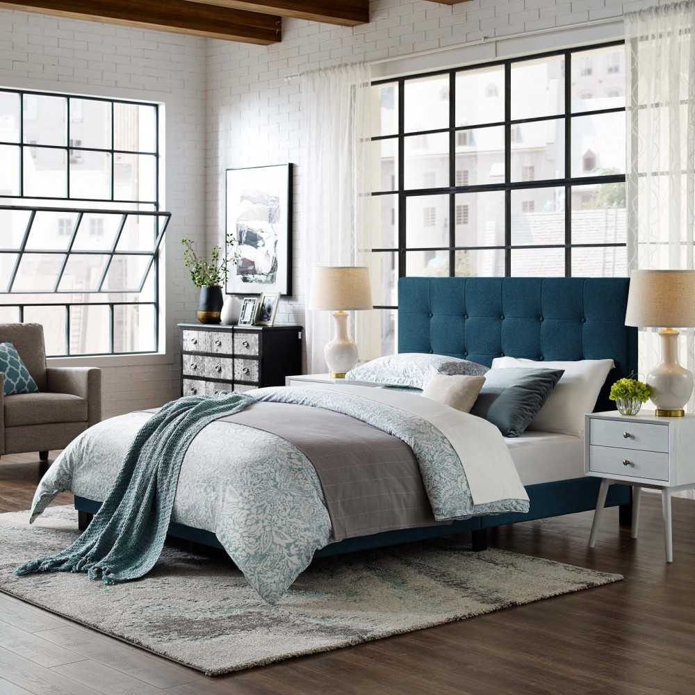 Melanie Full Tufted Button Upholstered Fabric Platform Bed, Azure