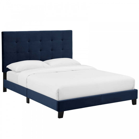 Melanie Full Tufted Button Upholstered Performance Velvet Platform Bed, Midnight Blue