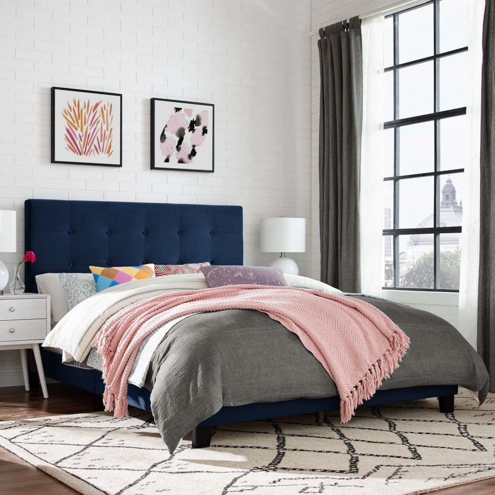Melanie Full Tufted Button Upholstered Performance Velvet Platform Bed, Midnight Blue