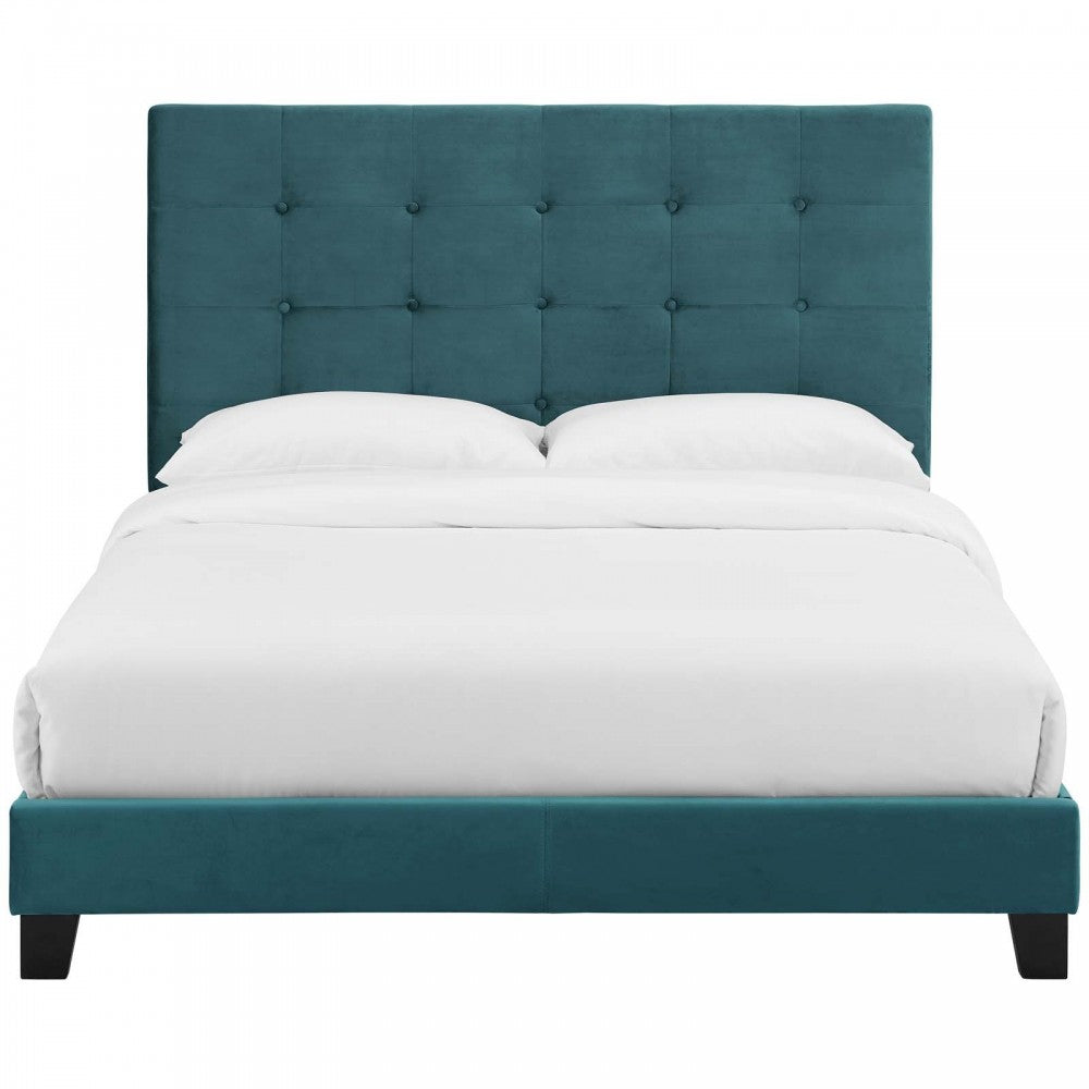 Melanie Full Tufted Button Upholstered Performance Velvet Platform Bed, Sea Blue