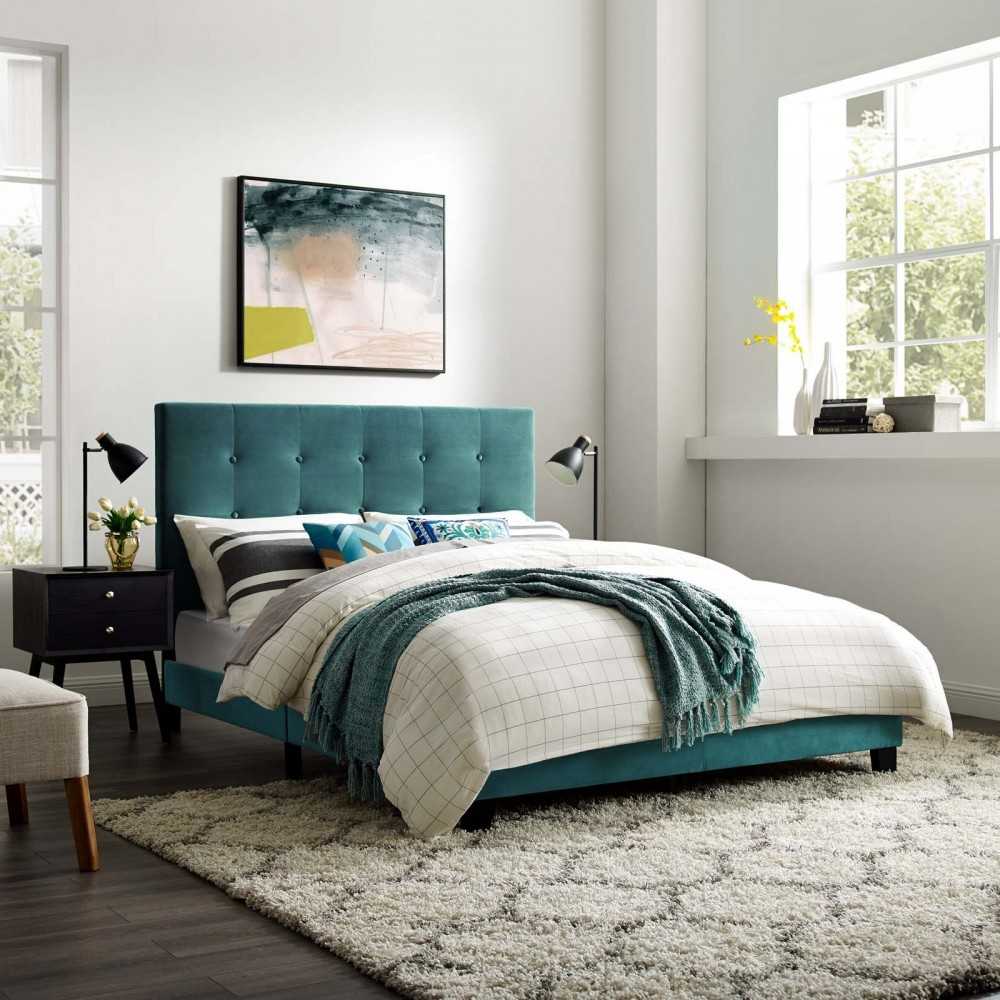 Melanie Full Tufted Button Upholstered Performance Velvet Platform Bed, Sea Blue