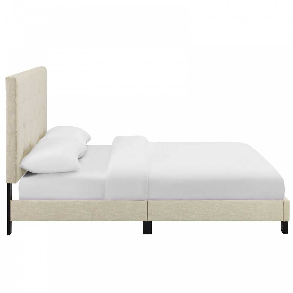 Melanie King Tufted Button Upholstered Fabric Platform Bed, Beige