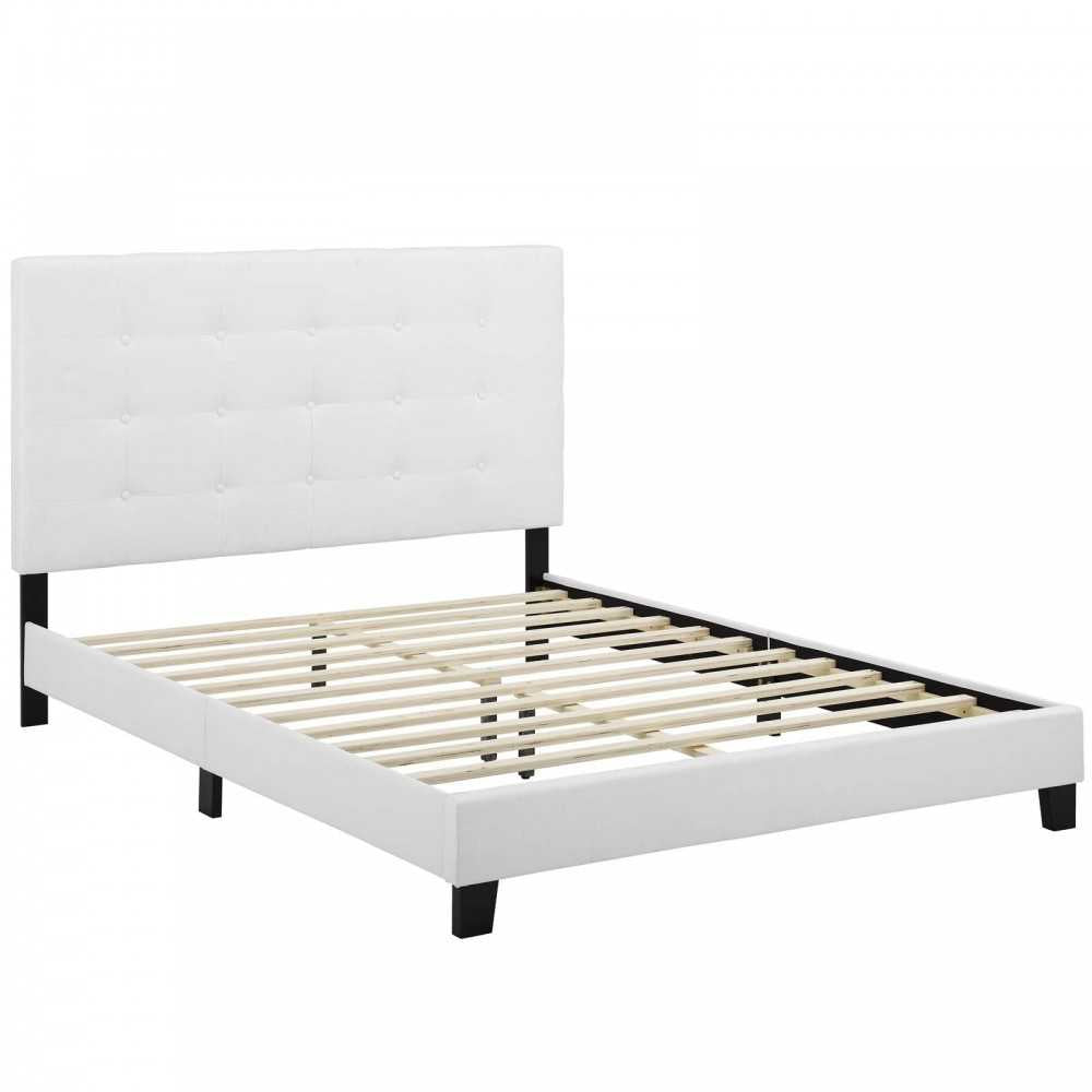 Melanie King Tufted Button Upholstered Fabric Platform Bed, White