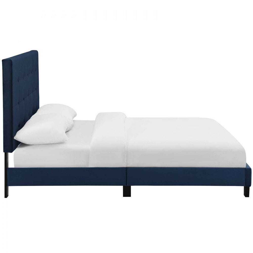 Melanie King Tufted Button Upholstered Performance Velvet Platform Bed, Midnight Blue