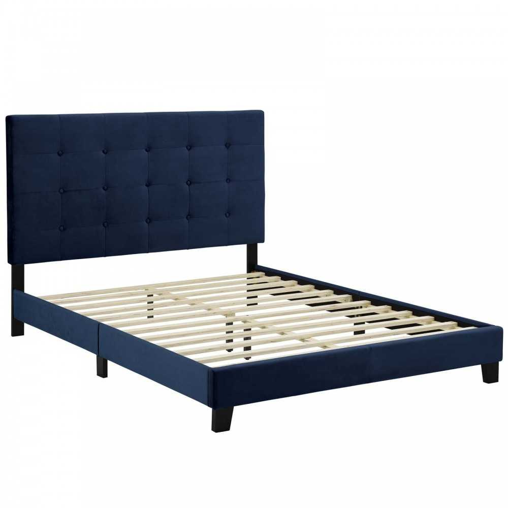 Melanie King Tufted Button Upholstered Performance Velvet Platform Bed, Midnight Blue