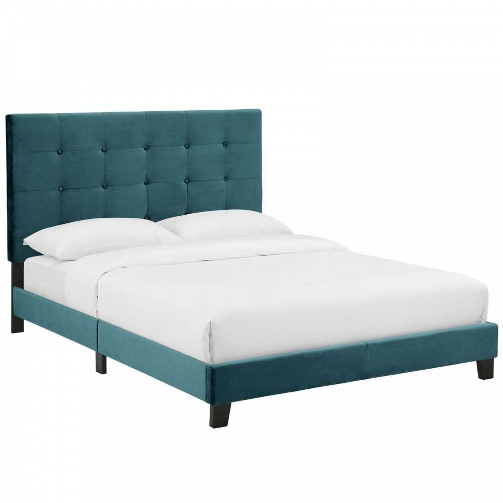 Melanie King Tufted Button Upholstered Performance Velvet Platform Bed, Sea Blue