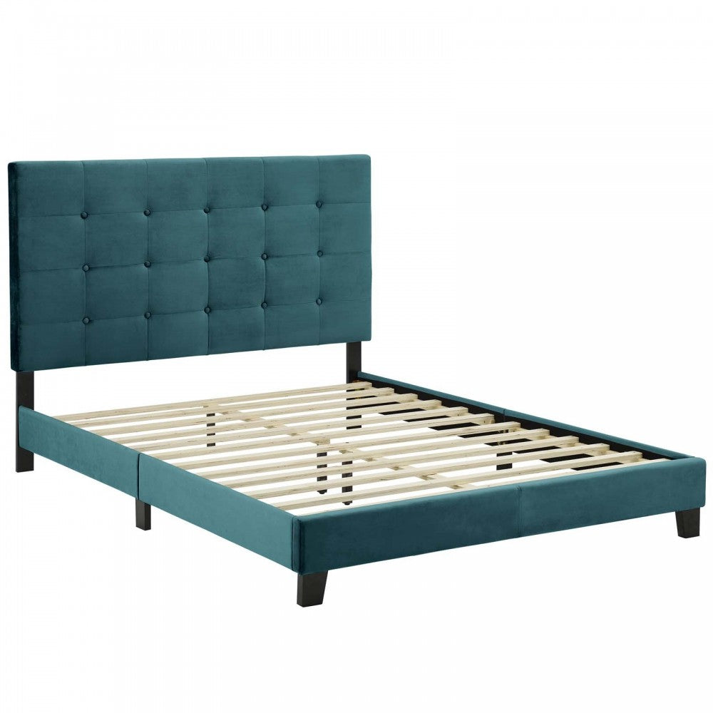 Melanie King Tufted Button Upholstered Performance Velvet Platform Bed, Sea Blue