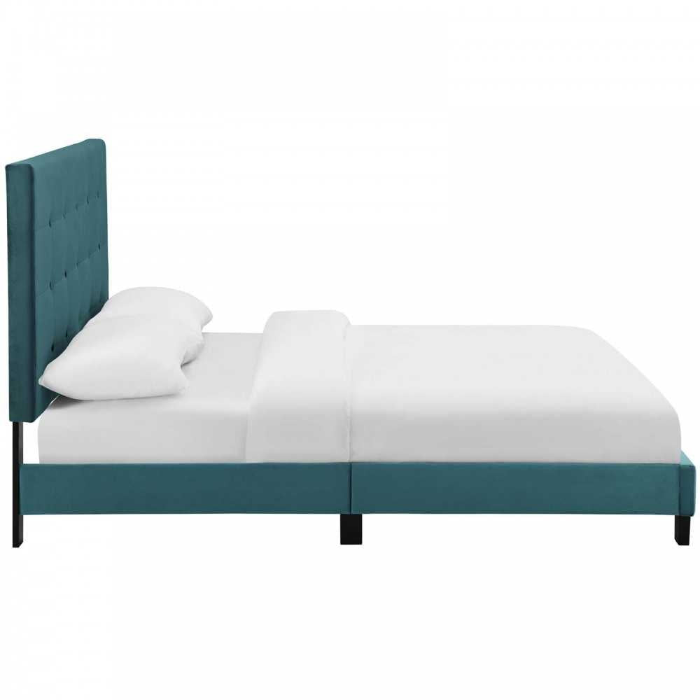 Melanie King Tufted Button Upholstered Performance Velvet Platform Bed, Sea Blue