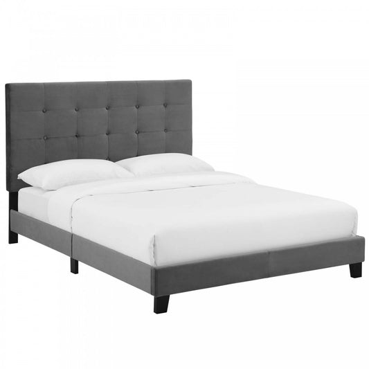 Melanie King Tufted Button Upholstered Performance Velvet Platform Bed, Gray