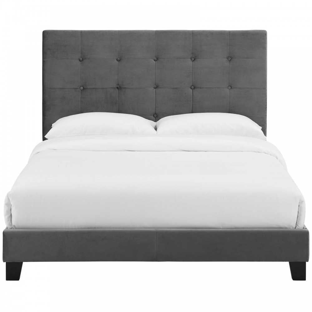 Melanie King Tufted Button Upholstered Performance Velvet Platform Bed, Gray