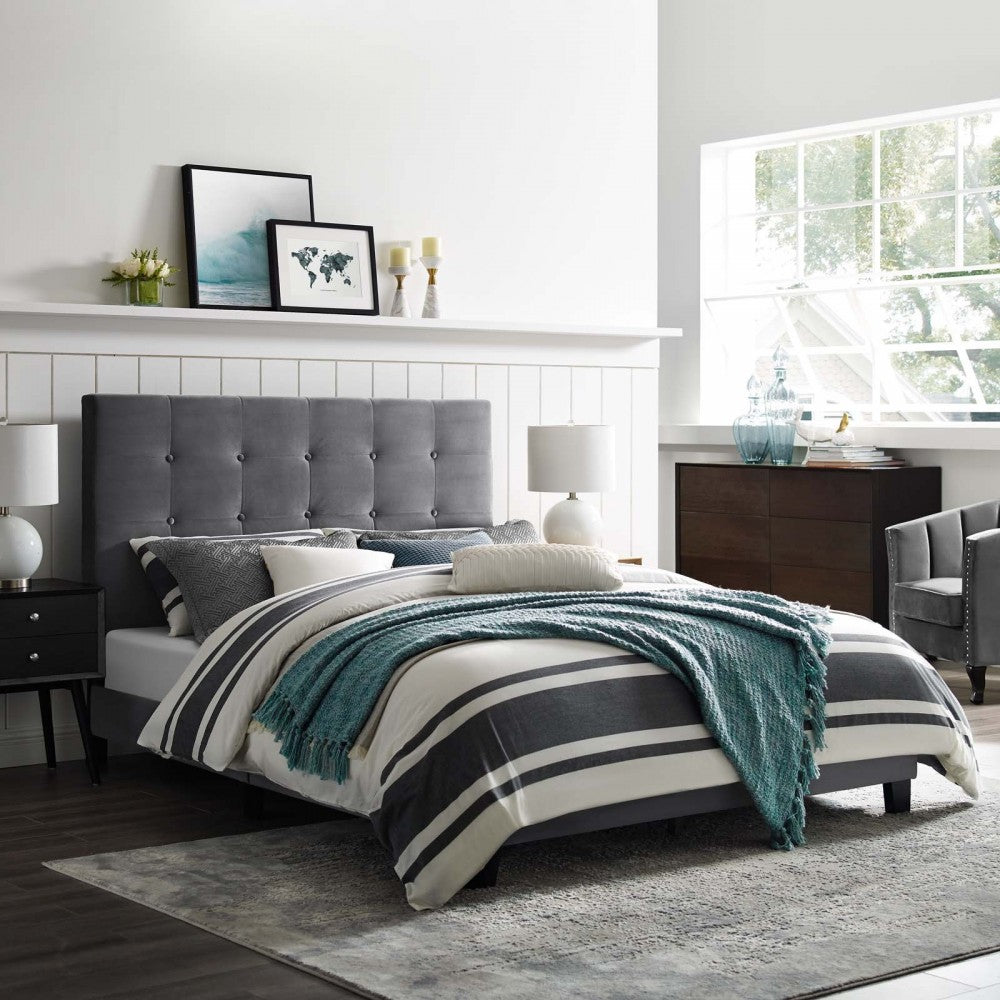 Melanie King Tufted Button Upholstered Performance Velvet Platform Bed, Gray
