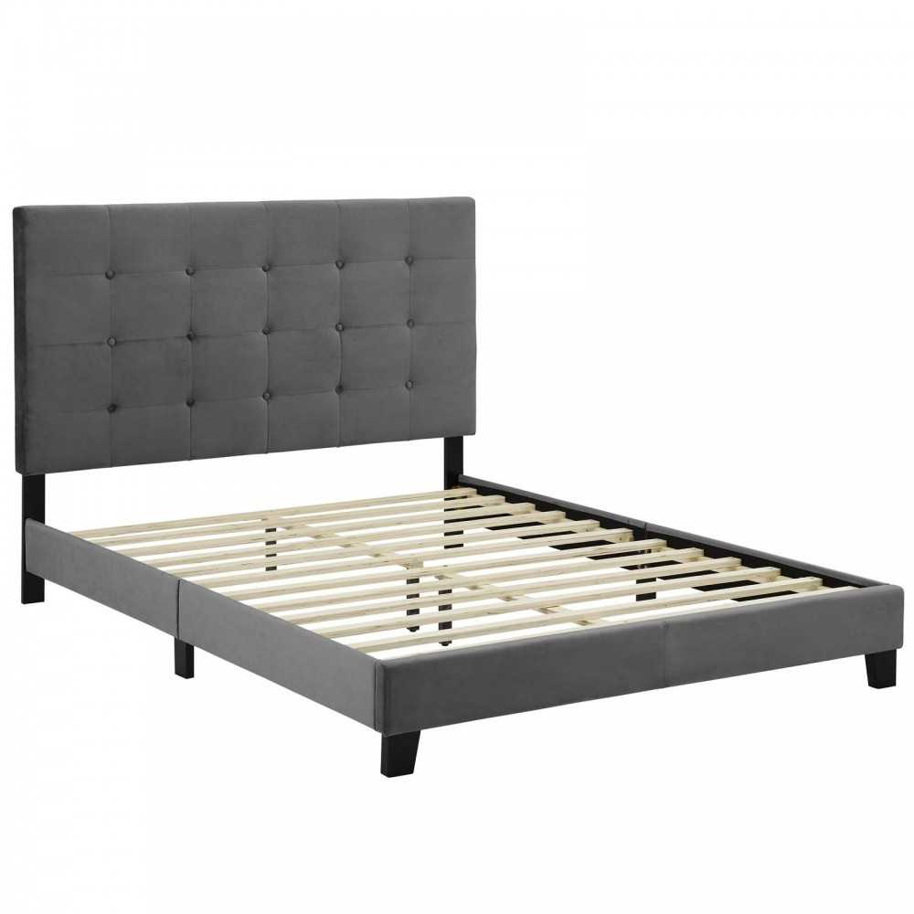 Melanie King Tufted Button Upholstered Performance Velvet Platform Bed, Gray