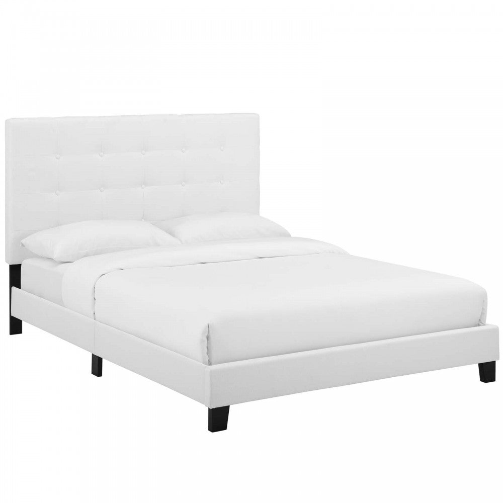 Melanie Queen Tufted Button Upholstered Fabric Platform Bed, White