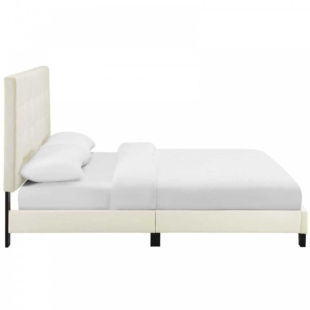 Melanie Queen Tufted Button Upholstered Performance Velvet Platform Bed, Ivory