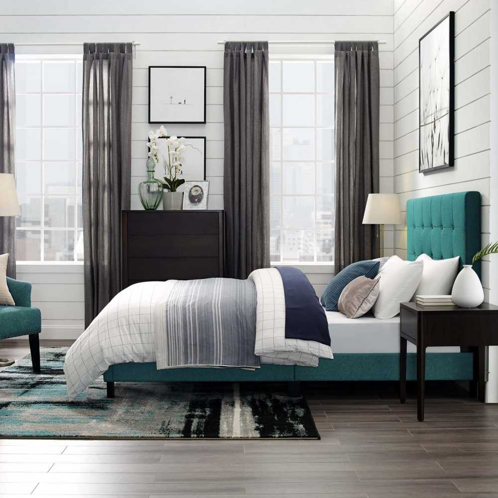 Melanie Twin Tufted Button Upholstered Fabric Platform Bed, Teal