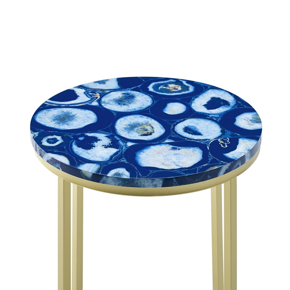 Melissa 16" Faux Stone Round Glam Side Table - Faux Blue Agate/Gold