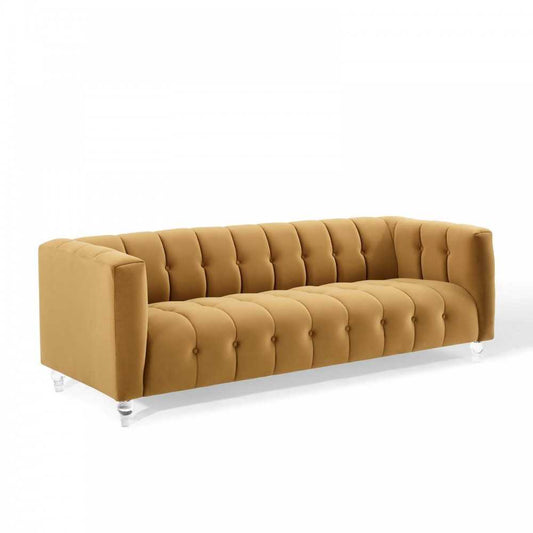 Mesmer Channel Tufted Button Performance Velvet Sofa, Cognac