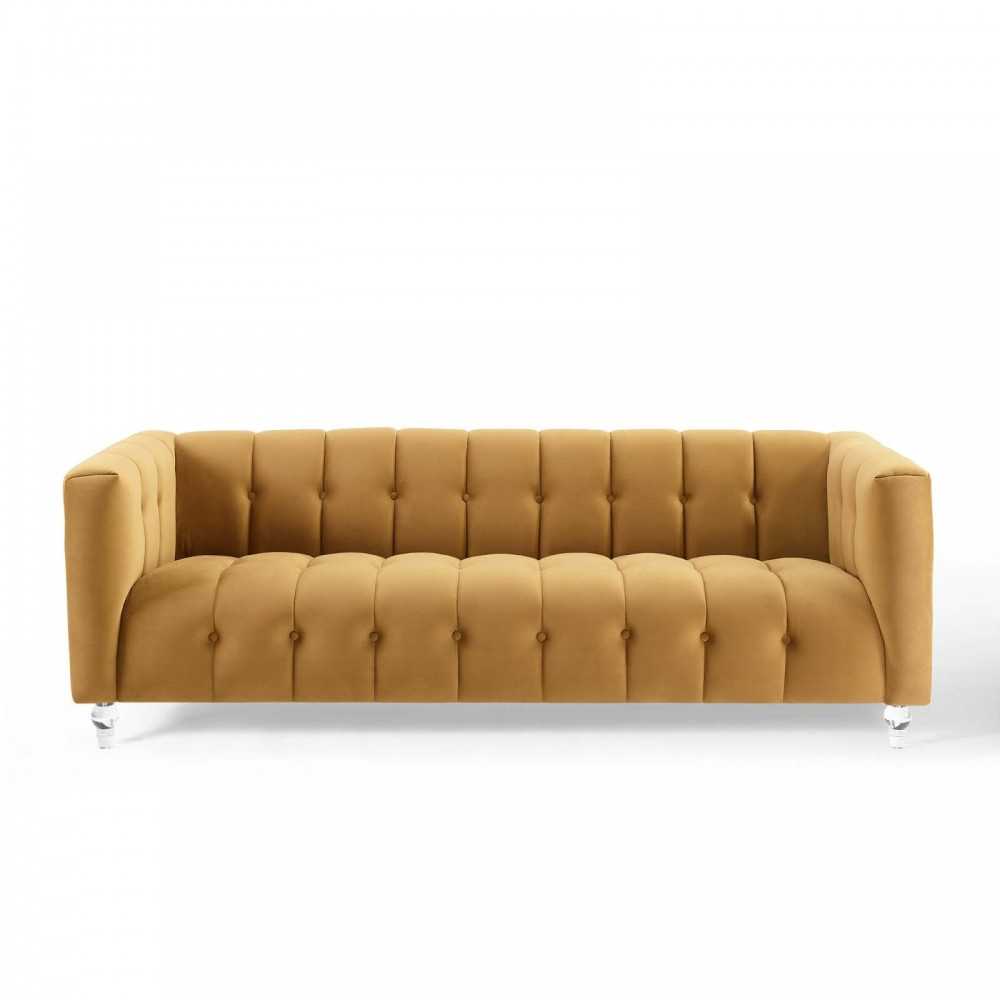 Mesmer Channel Tufted Button Performance Velvet Sofa, Cognac