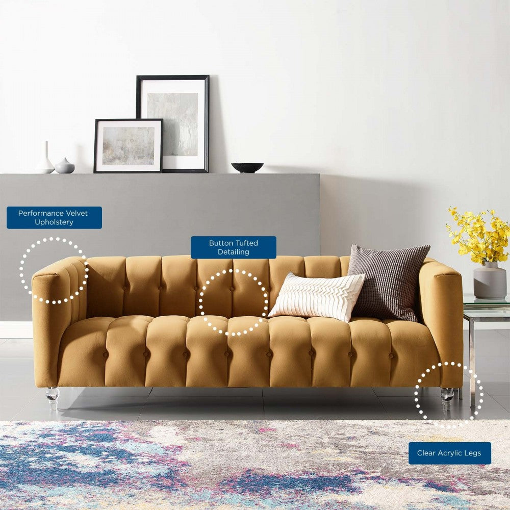 Mesmer Channel Tufted Button Performance Velvet Sofa, Cognac