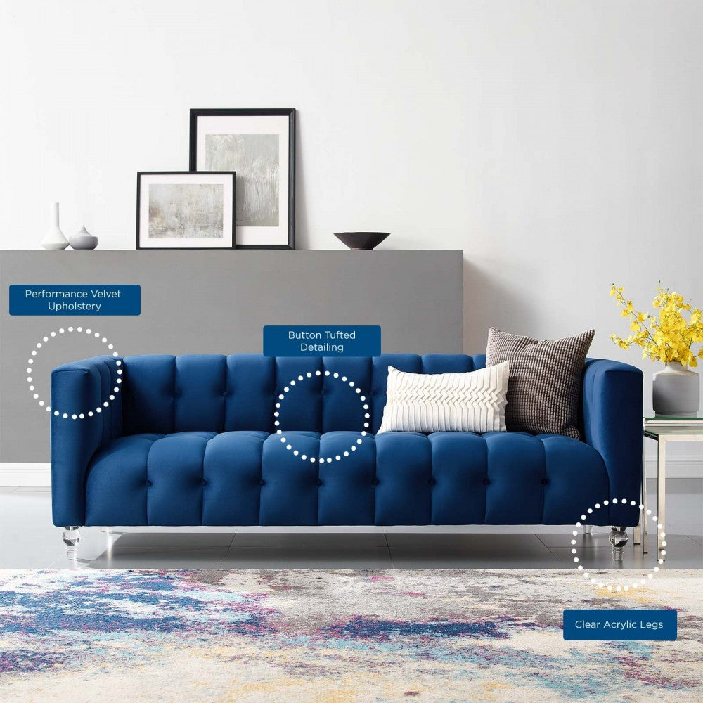 Mesmer Channel Tufted Button Performance Velvet Sofa, Navy