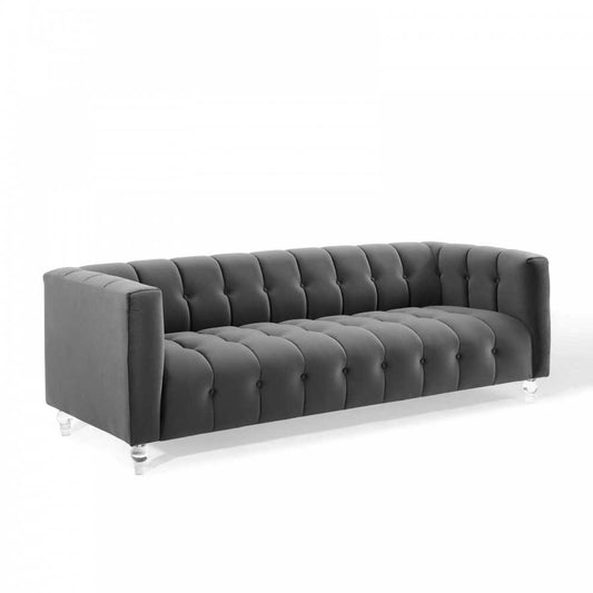 Mesmer Channel Tufted Button Performance Velvet Sofa, Charcoal