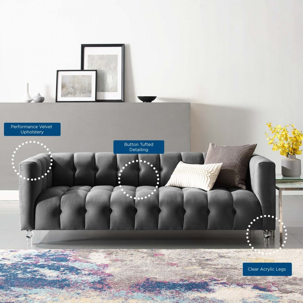 Mesmer Channel Tufted Button Performance Velvet Sofa, Charcoal