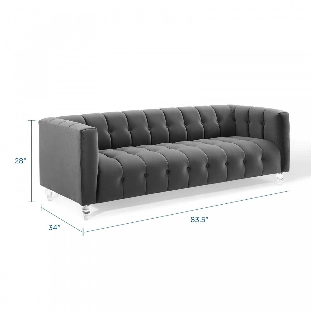 Mesmer Channel Tufted Button Performance Velvet Sofa, Charcoal