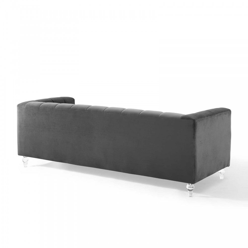 Mesmer Channel Tufted Button Performance Velvet Sofa, Charcoal