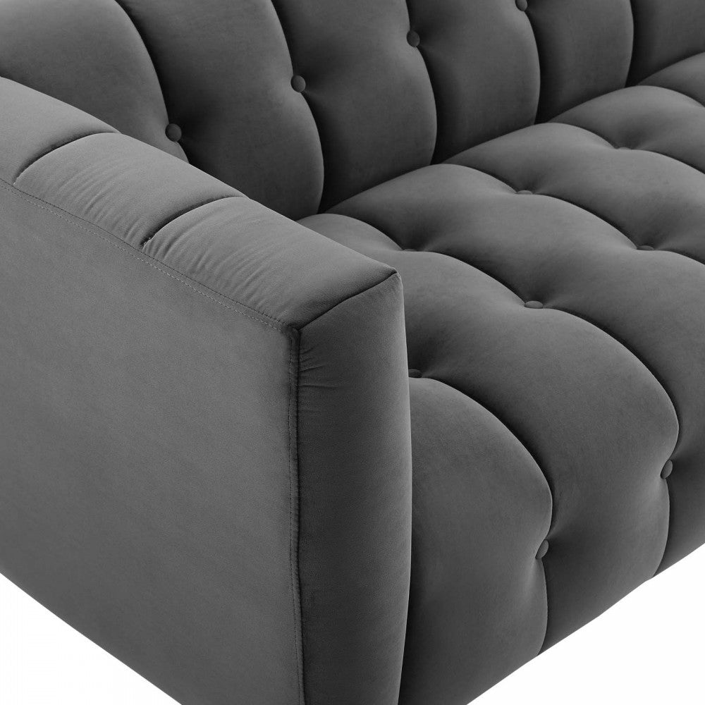 Mesmer Channel Tufted Button Performance Velvet Sofa, Charcoal