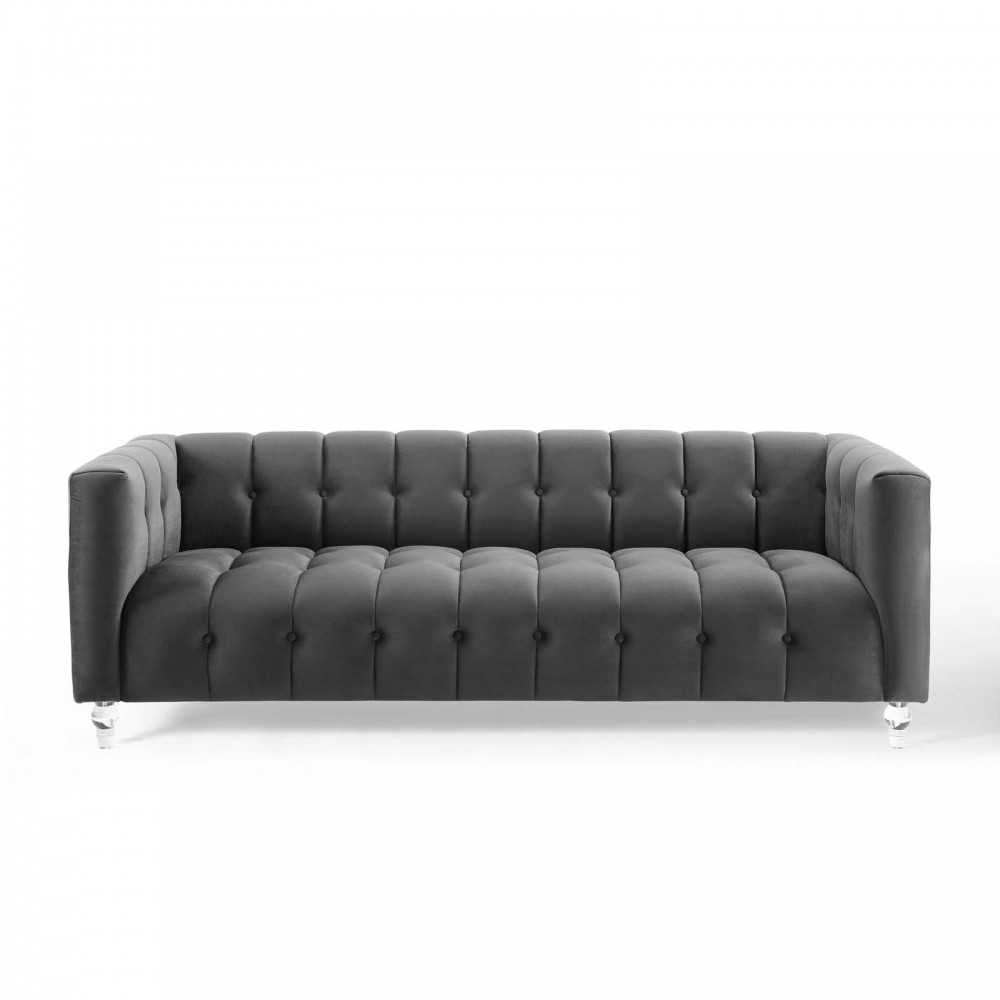 Mesmer Channel Tufted Button Performance Velvet Sofa, Charcoal