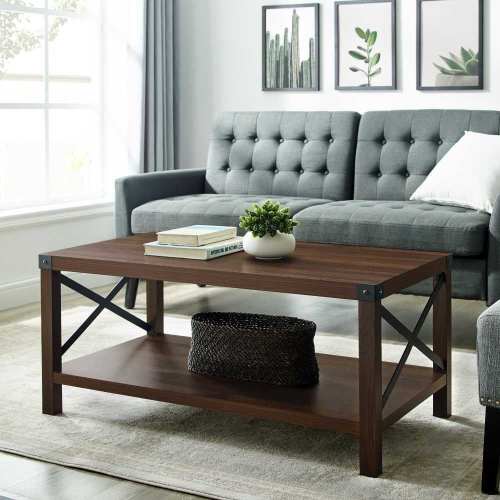 Metal X Rustic Wood Coffee Table - Dark Walnut