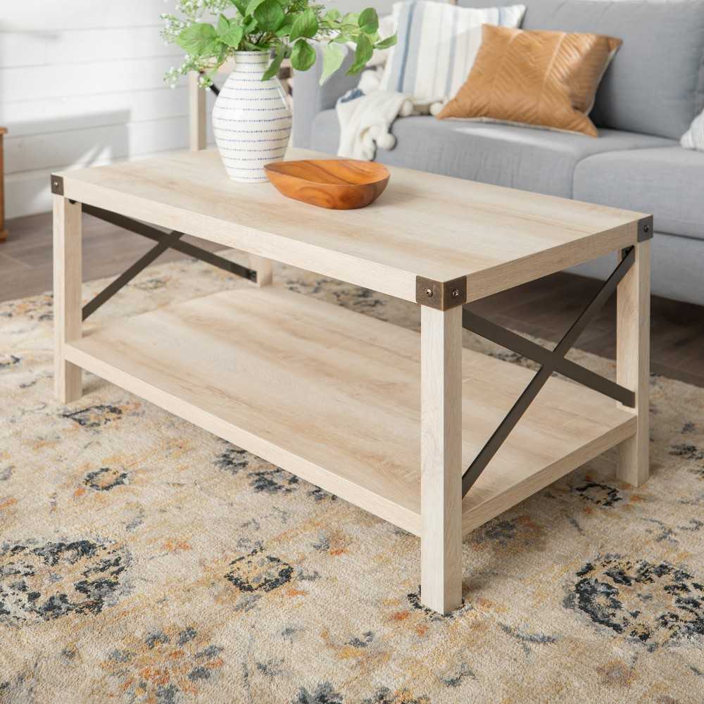 Metal X Rustic Wood Coffee Table - White Oak/Bronze