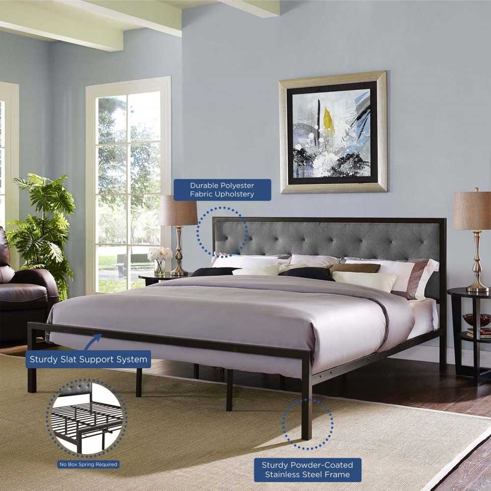 Mia King Fabric Bed, Brown Gray