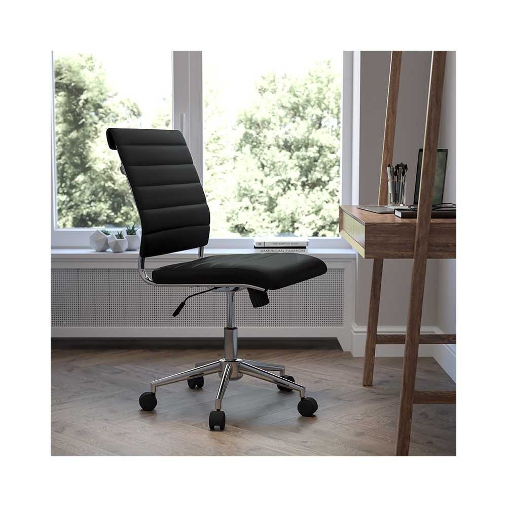 Mid-Back Armless Black LeatherSoft Contemporary Ribbed Executive Swivel Office Chair