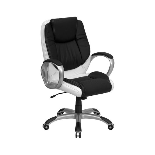 Mid-Back Black and White LeatherSoft Executive Swivel Office Chair with Arms