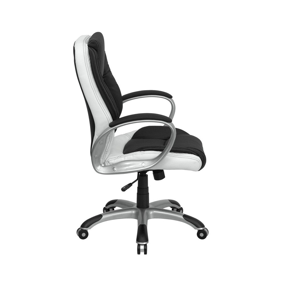 Mid-Back Black and White LeatherSoft Executive Swivel Office Chair with Arms