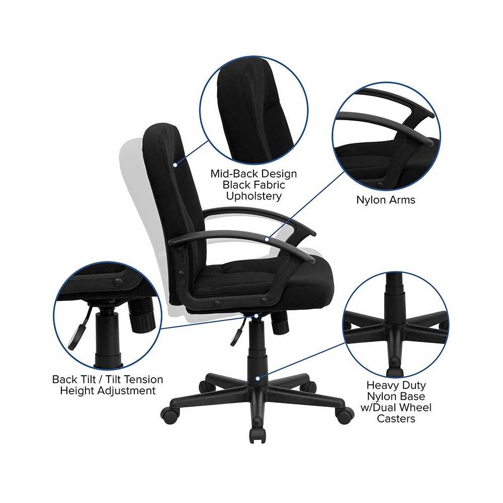 Mid-Back Black Fabric Executive Swivel Office Chair with Nylon Arms