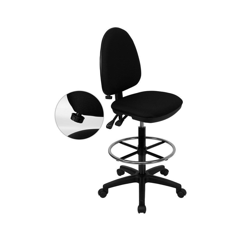 Mid-Back Black Fabric Multifunction Ergonomic Drafting Chair with Adjustable Lumbar Support
