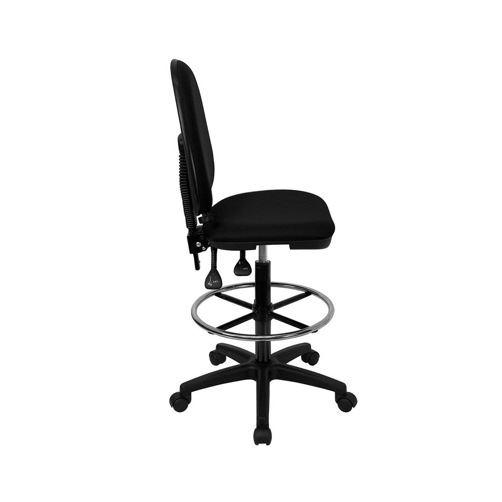 Mid-Back Black Fabric Multifunction Ergonomic Drafting Chair with Adjustable Lumbar Support